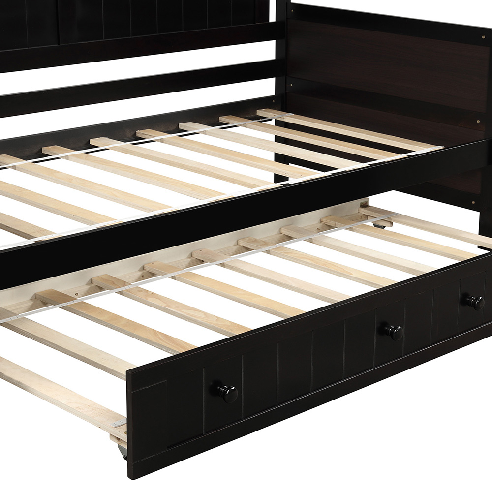 Twin-Size Wooden Platform Daybed Frame with Trundle Bed and Wooden Slats Support - Espresso