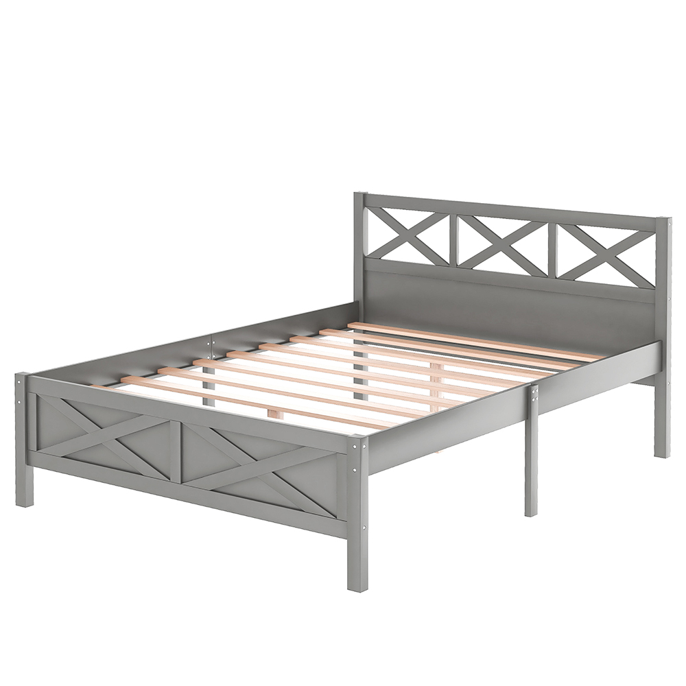 Queen Size Wooden Platform Bed Frame with High Legs and Wooden Slats - Gray