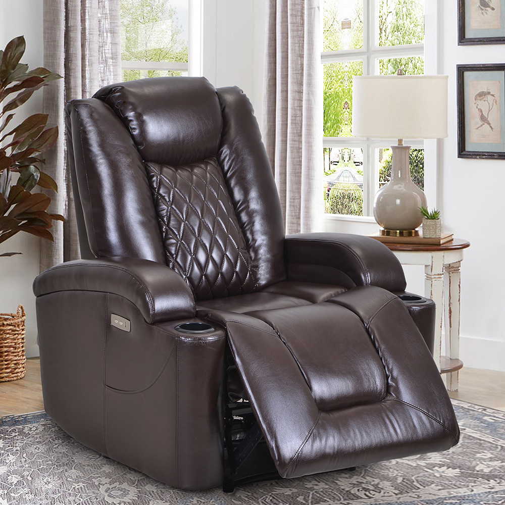 Orisfur PU Leather Electric Recliner with USB Charge Port and Cup Holder for Home Theater, Office, Living Room - Brown