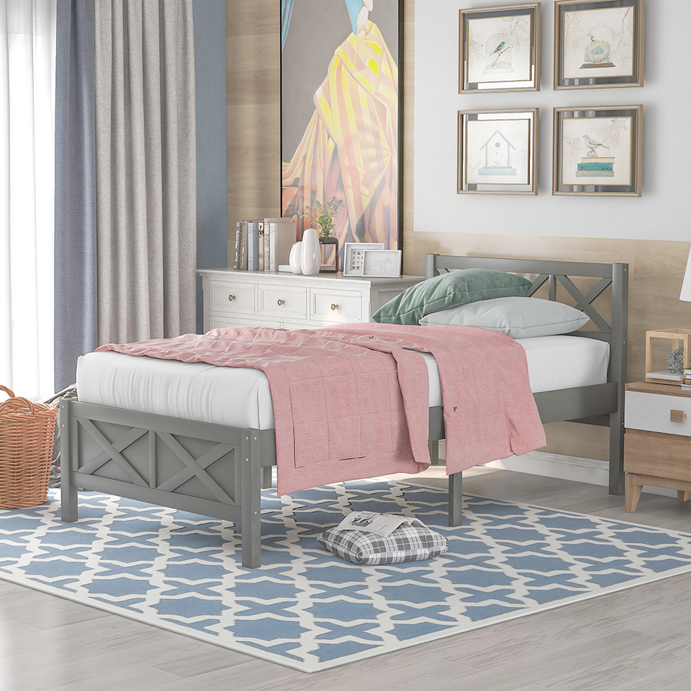 Twin Size Wooden Platform Bed Frame with High Legs and Wooden Slats - Gray