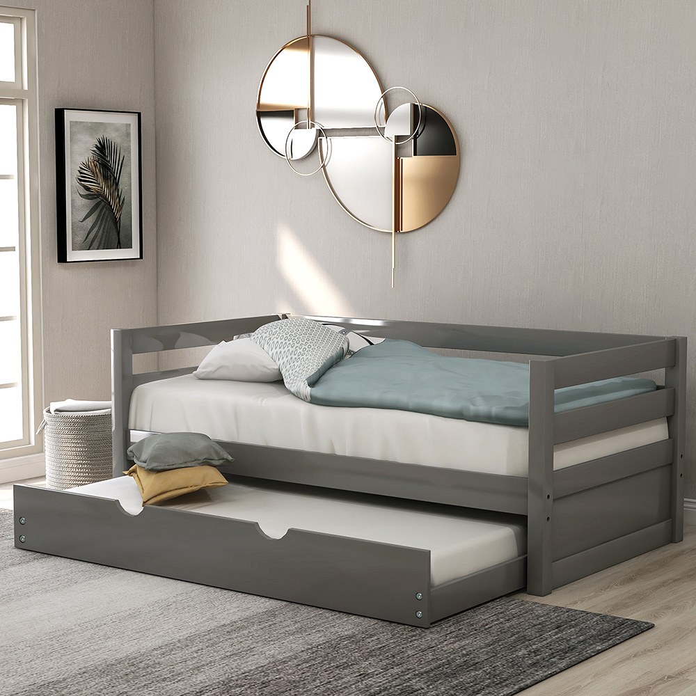 Twin Size Wooden Daybed with Trundle Bed and Wooden Slats Support, No Need for Spring Box, for Living Room, Bedroom, Office, Apartment - Gray