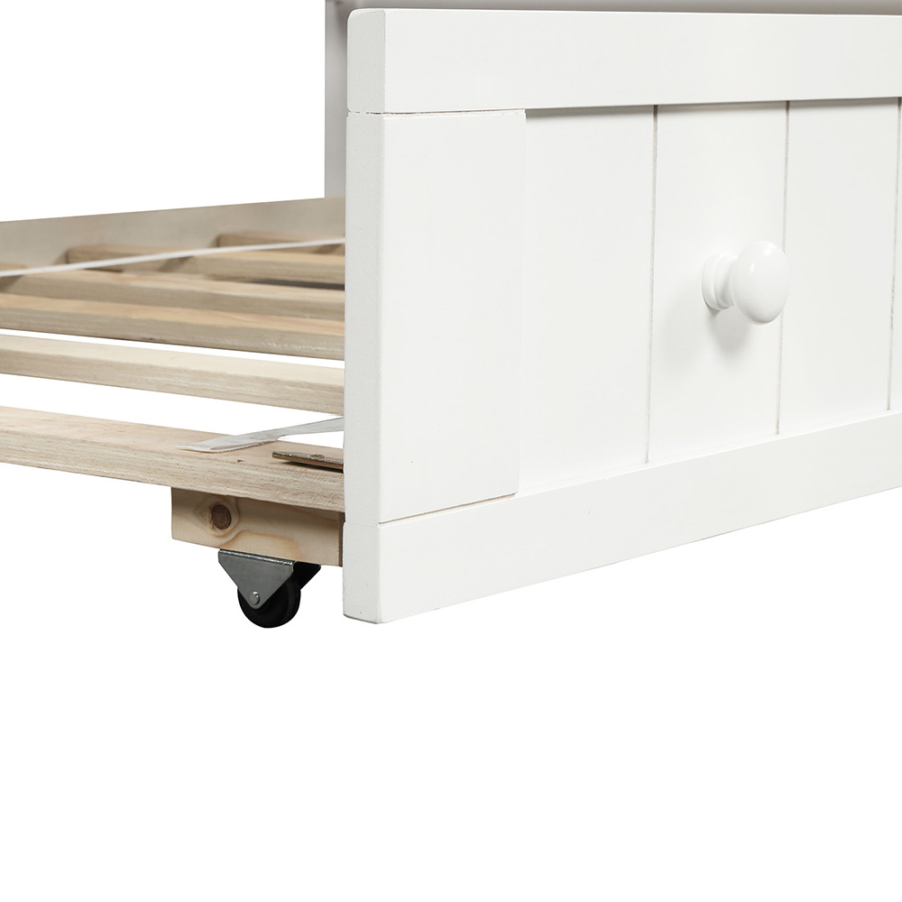 Twin-Size Wooden Platform Daybed Frame with Trundle Bed and Wooden Slats Support - White