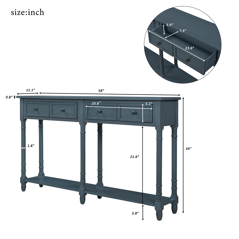 TREXM 58'' Console Table with 2 Storage Drawers, and Bottom Shelf, for Entrance, Hallway, Dining Room, Kitchen - Navy