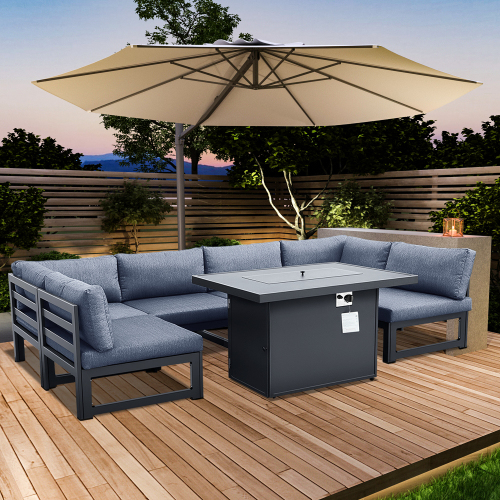 Outdoor 6-Seat Aluminum Frame Modular Sofa with Fire Pit Table and Removable Seat Cushion, for Courtyard, Balcony, Living Room - Gray