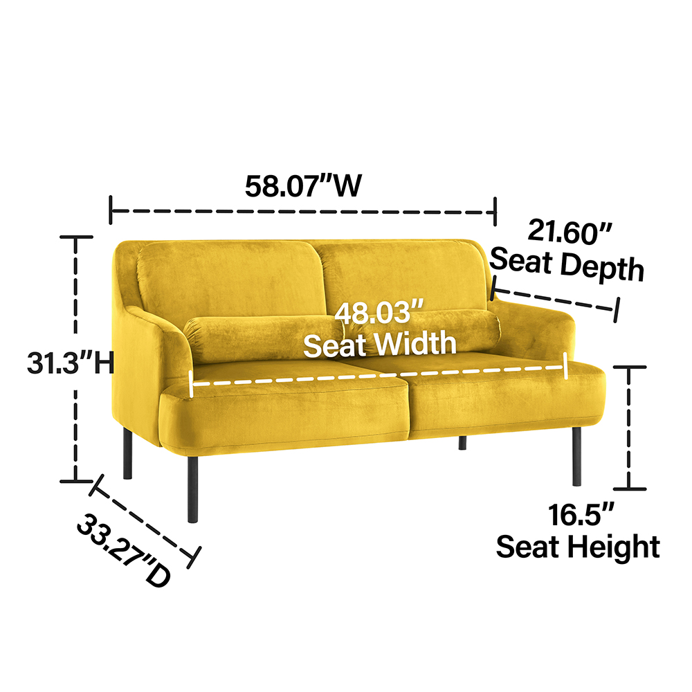 2-Seat Velvet Upholstered Sofa with High Iron Feet and Backrest for Office, Apartment, Bedroom, Living Room - Yellow