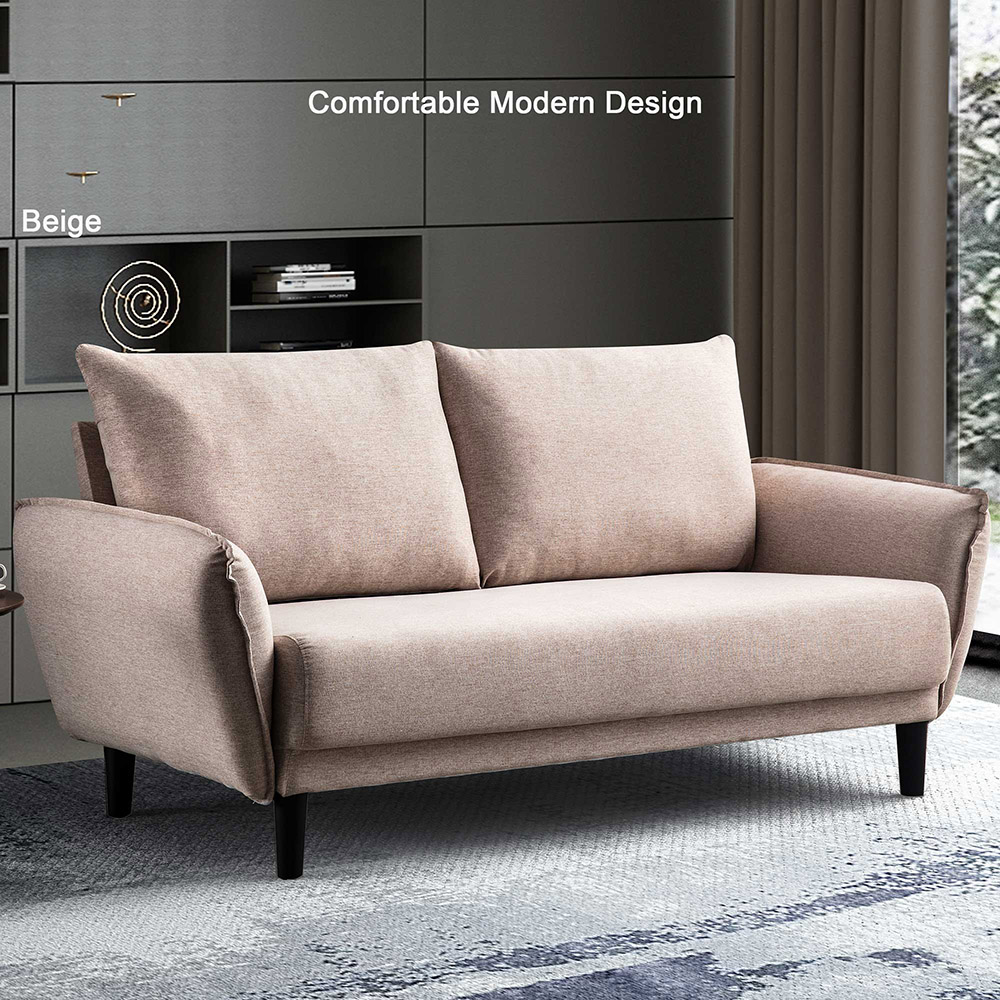 2-Seat Polyester Fabric Upholstered Sofa, with 2 Loose Back Cushions and Plastic Legs, for Living Room, Bedroom, Office, Apartment - Beige