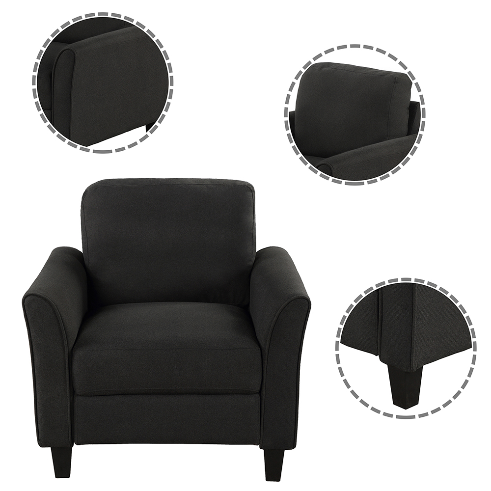 1-Seat Linen Fabric Upholstered Sofa with Armrest and Backrest, for Living Room, Bedroom, Office, Apartment - Black
