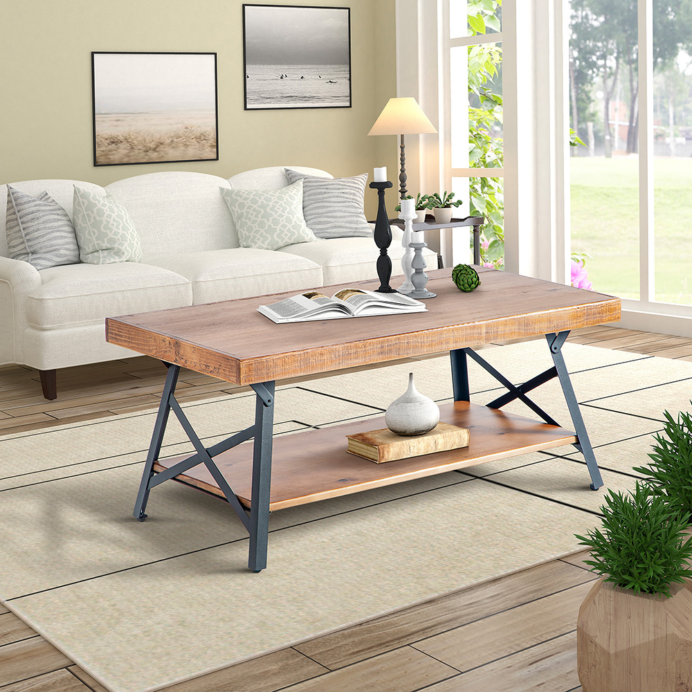 43.3" 2-Layer Wooden Coffee Table with Metal Legs, for Kitchen, Restaurant, Office, Living Room, Cafe - Brown