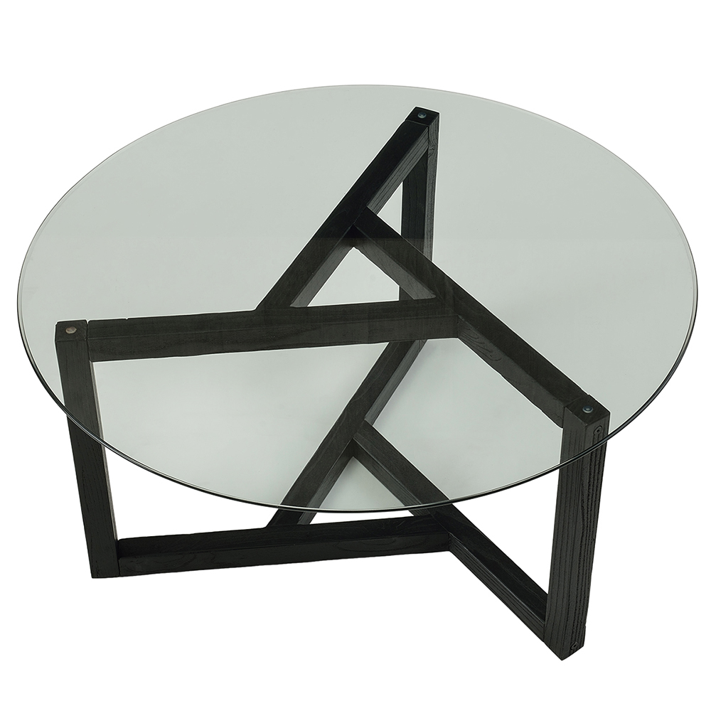 TREXM 35" Round Tempered Glass Coffee Table with Wood Base, for Kitchen, Restaurant, Office, Living Room, Cafe - Espresso