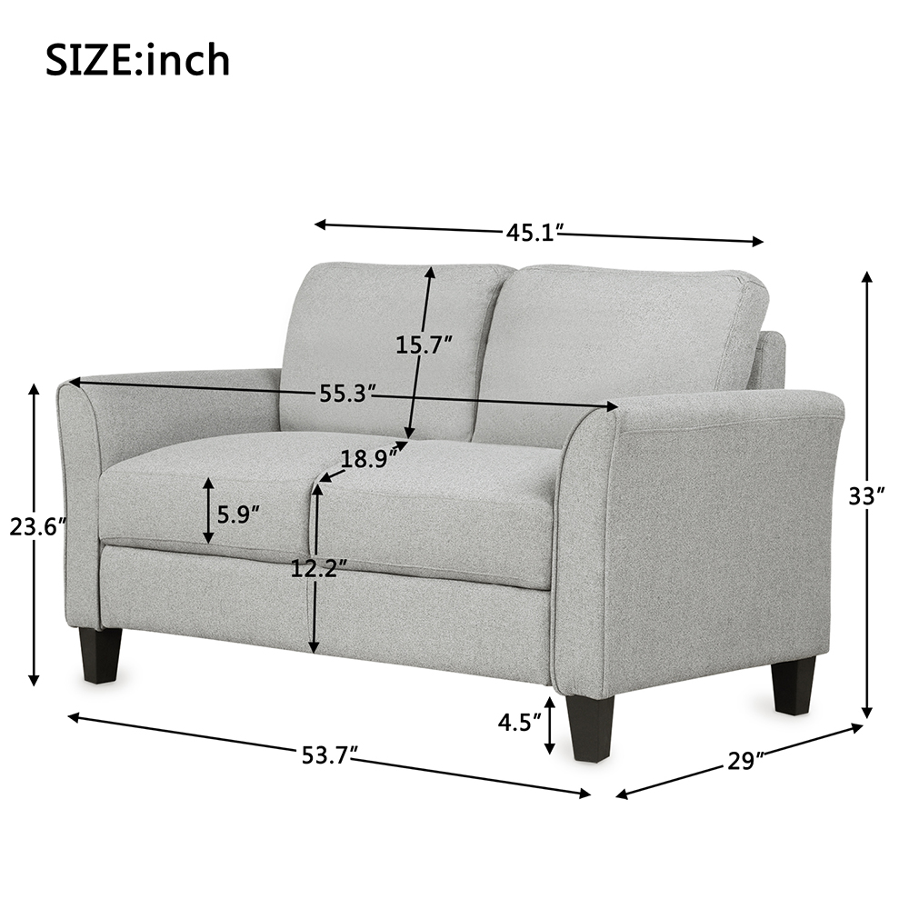 2-Seat Linen Fabric Sofa with Wooden Frame and Plastic Feet, for Living Room, Bedroom, Office, Apartment - Light Gray