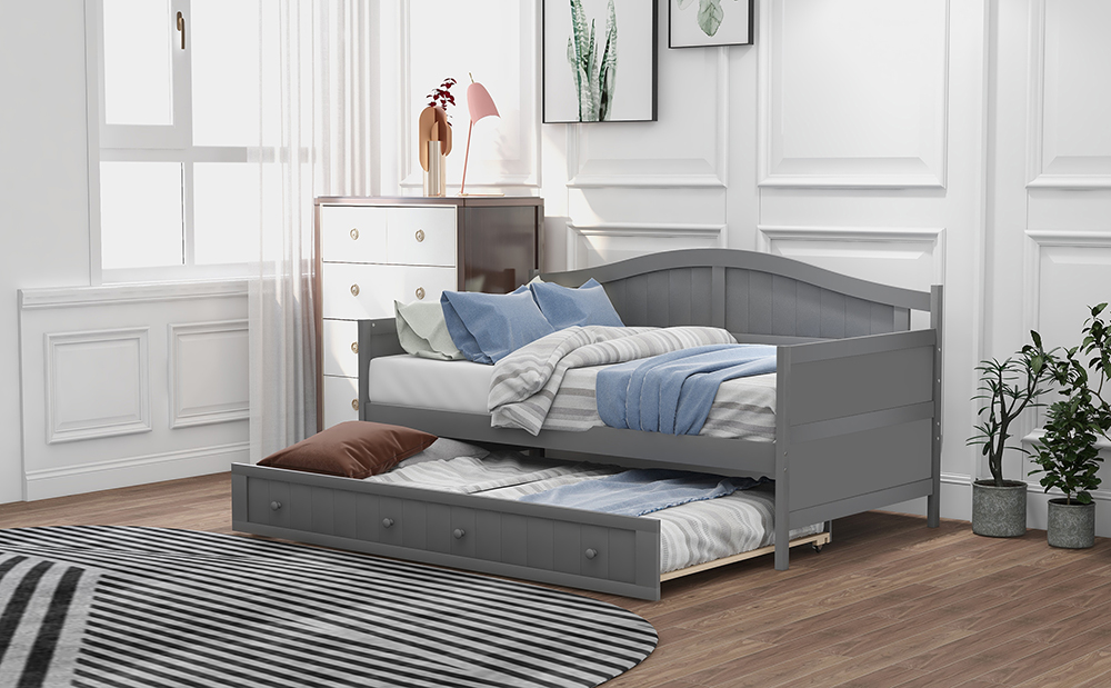 Twin-Size Wooden Platform Daybed Frame with Trundle Bed and Wooden Slats Support - Gray