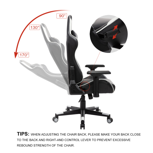 Home Office PU Leather Rotatable Gaming Chair Height Adjustable with Ergonomic Backrest and Casters - Black + White