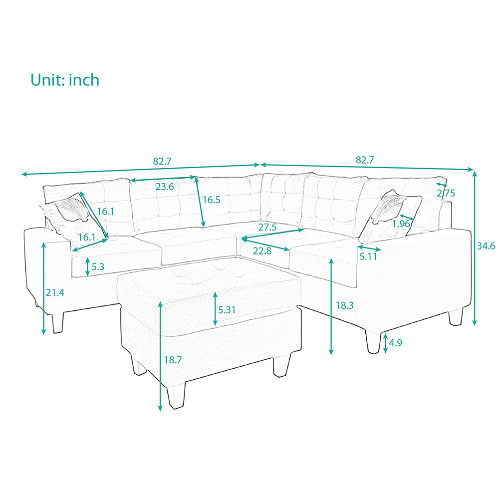 U-STYLE 5-Seat L-shaped Corner Polyester Tufted Upholstered Sofa with 2 Pillows and Ottoman, for Living Room, Bedroom, Office, Apartment - Grey