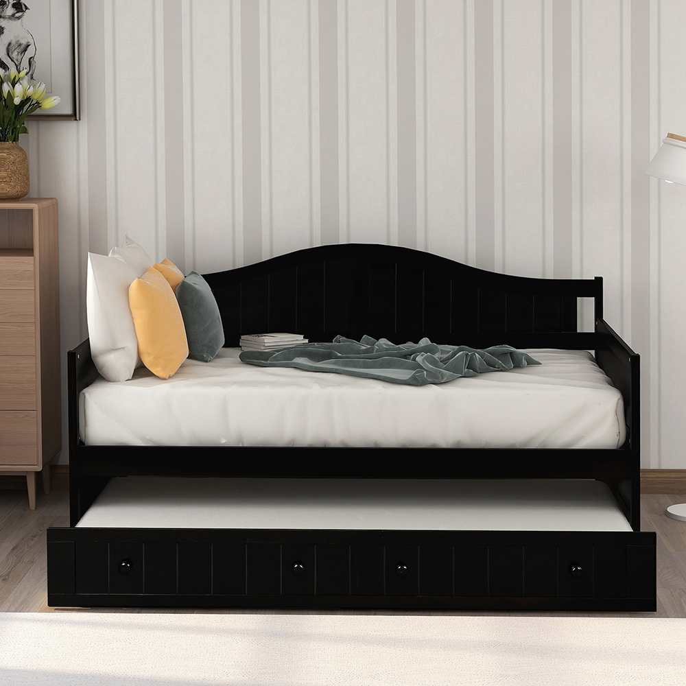 Twin-Size Wooden Platform Daybed Frame with Trundle Bed and Wooden Slats Support - Espresso