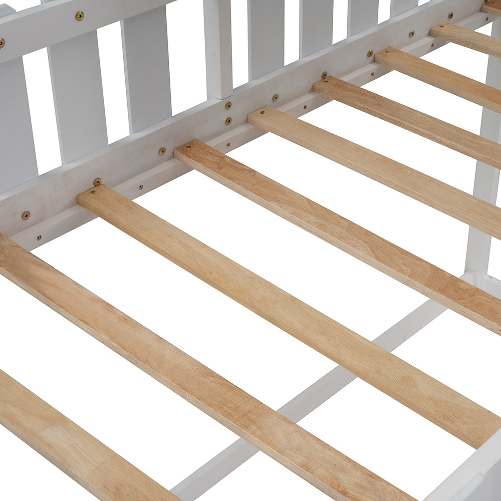 Twin-Size Wooden Floor Children's Bunk House Bed Frame with Rustic Fence-Shaped Guardrail and Ladder, No Need for Box Spring - White