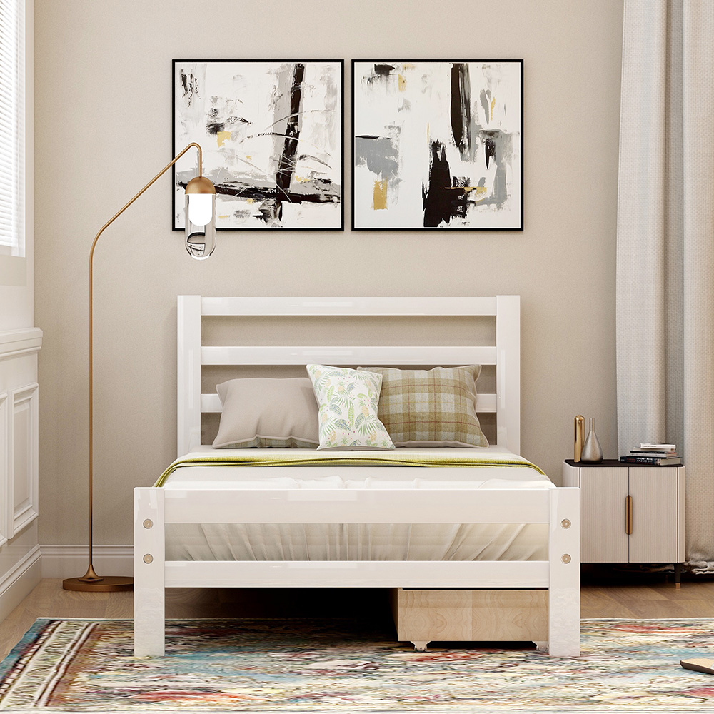 Twin-Size Wooden Platform Bed Frame with 2 Storage Drawers and Wooden Slats Support - White