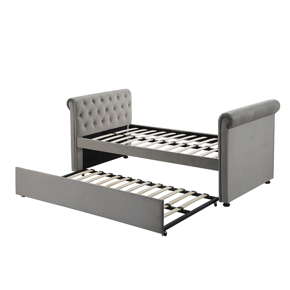 Twin Size Upholstered Daybed Frame with Trundle Bed and Wooden Slats Support, No Need for Spring Box, for Living Room, Bedroom, Office, Apartment - Gray