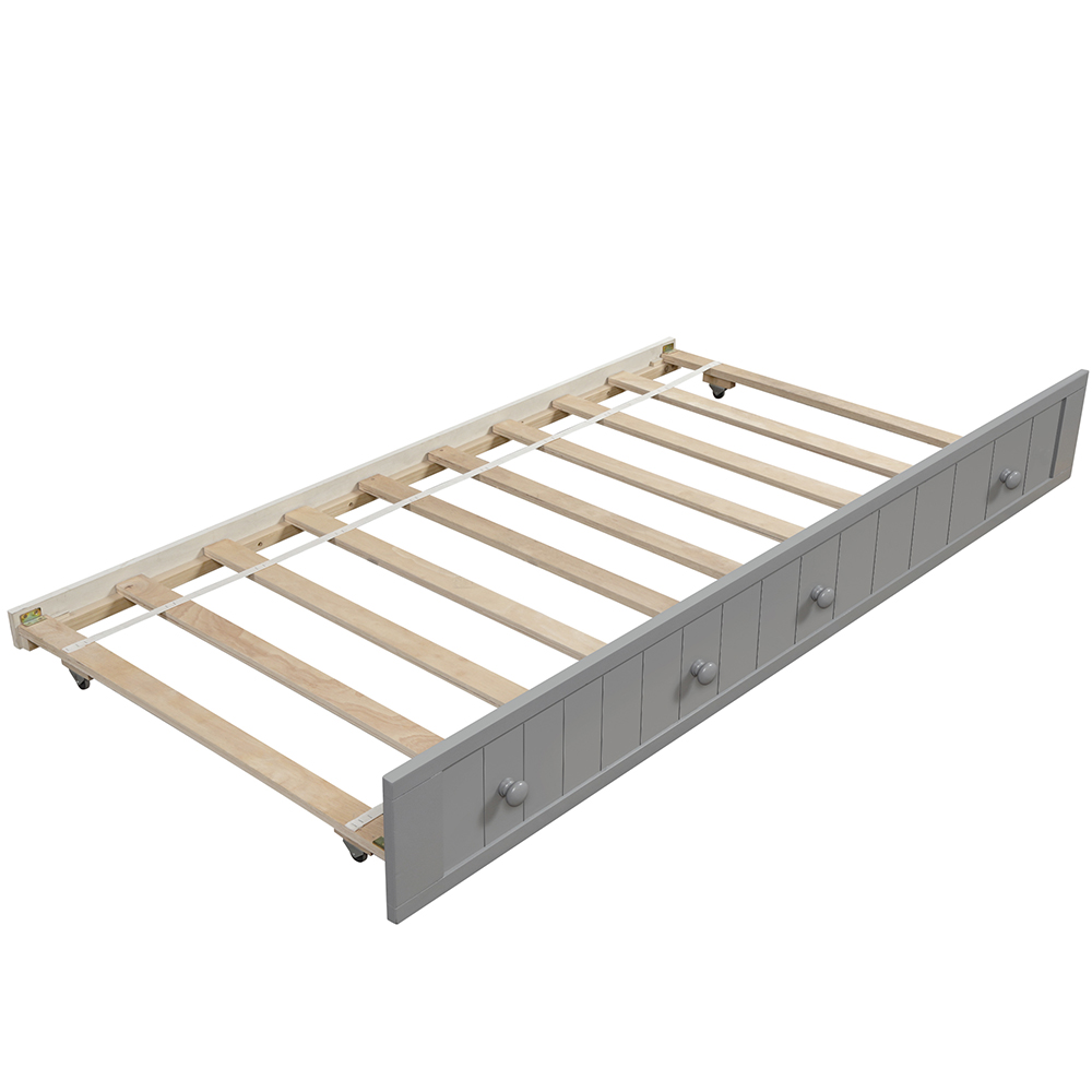 Twin-Size Wooden Platform Daybed Frame with Trundle Bed and Wooden Slats Support - Gray