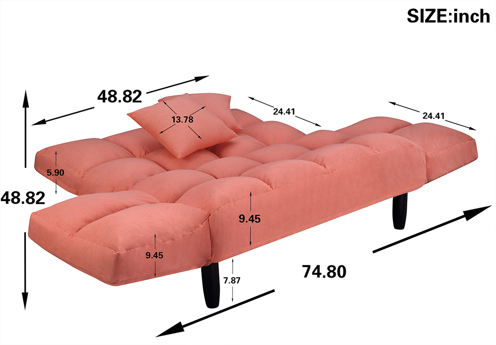 U-STYLE 2-Seat Twin Size Polyester Blended Tufted Sofa Bed with 2 Pillows and 2 Side Pockets, for Living Room, Bedroom, Office, Apartment - Orange