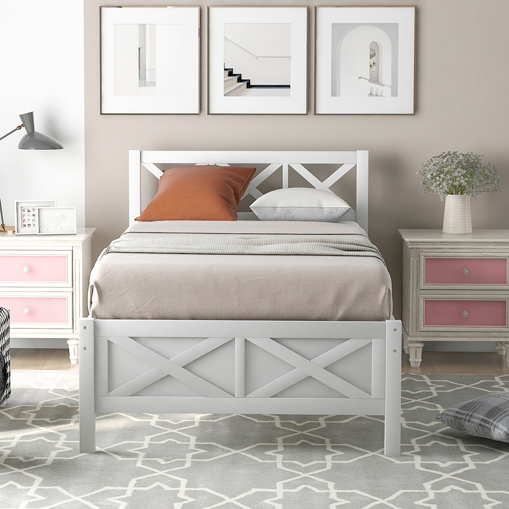 Twin Size Wooden Platform Bed Frame with High Legs and Wooden Slats - White