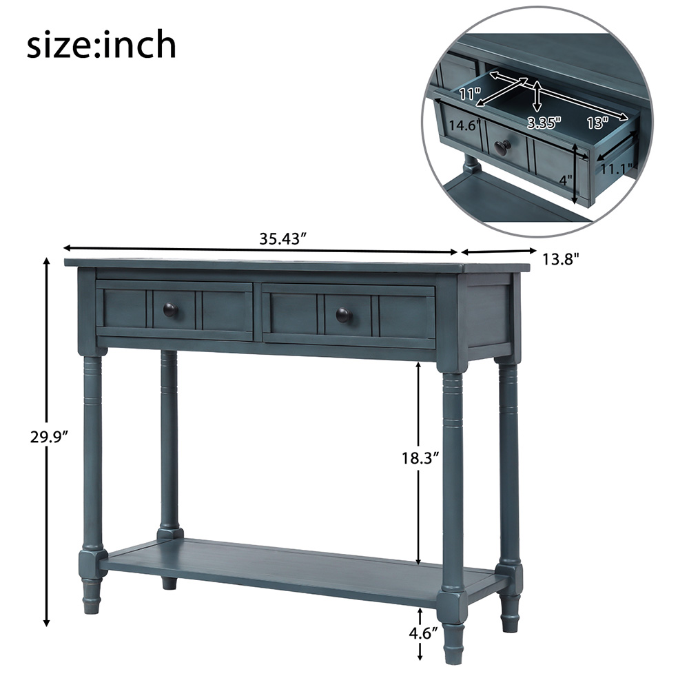 TREXM 35'' Console Table with 2 Storage Drawers, and Bottom Shelf, for Entrance, Hallway, Dining Room, Kitchen - Navy