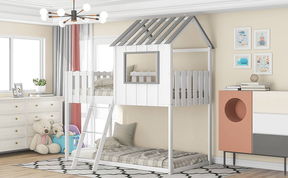 Twin-Size Wooden Floor Children's Bunk House Bed Frame with Rustic Fence-Shaped Guardrail and Ladder, No Need for Box Spring - White