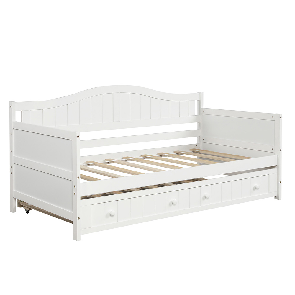 Twin-Size Wooden Platform Daybed Frame with Trundle Bed and Wooden Slats Support - White