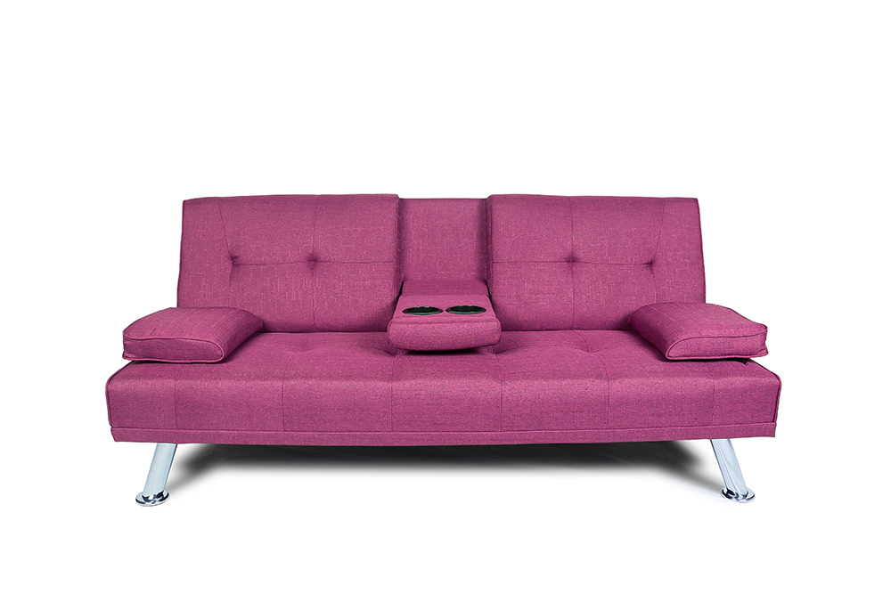 66" Twin Size Linen Fabric Sofa Bed with 2 Cup Holders and Metal Legs, for Living Room, Bedroom, Office, Apartment - Purple