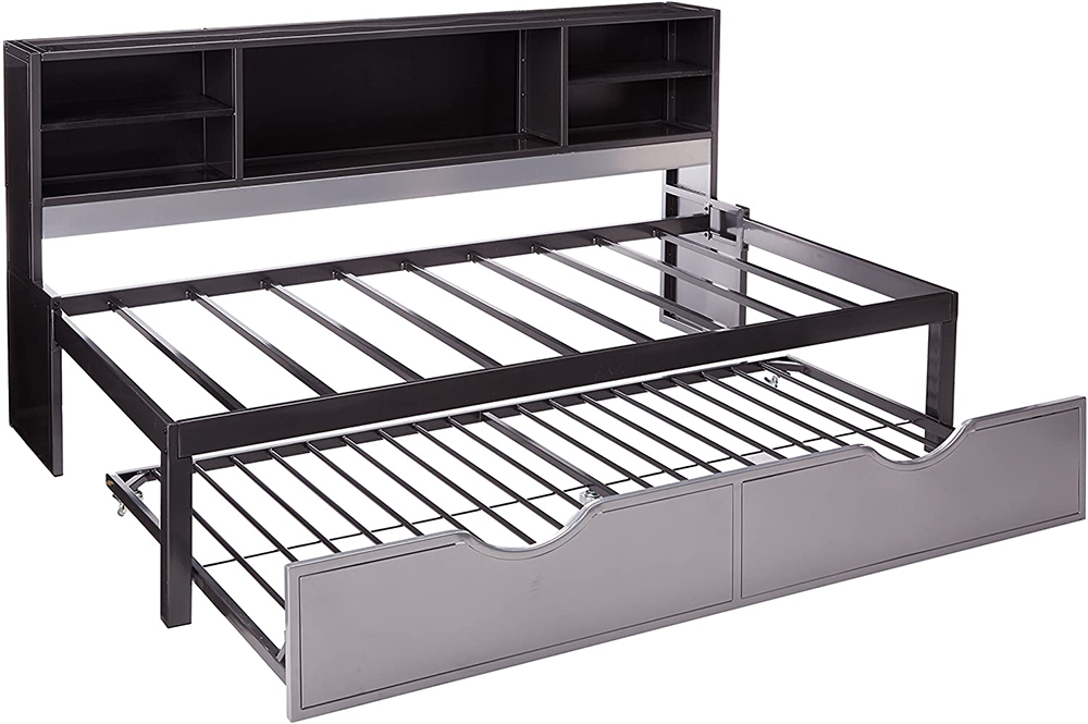 ACME Twin Size Daybed Frame with Trundle Bed and Storage Shelves, No Need for Spring Box, for Living Room, Bedroom, Office, Apartment - Black + Silver