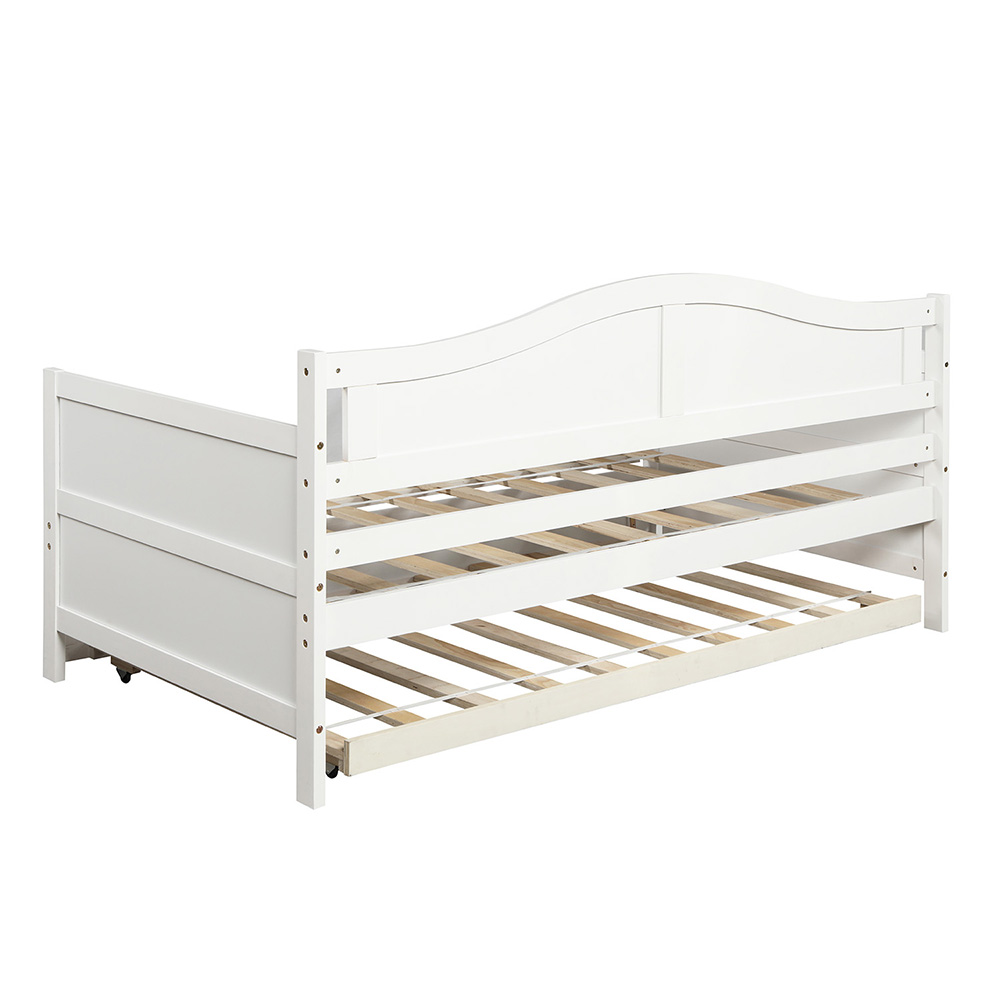 Twin-Size Wooden Platform Daybed Frame with Trundle Bed and Wooden Slats Support - White