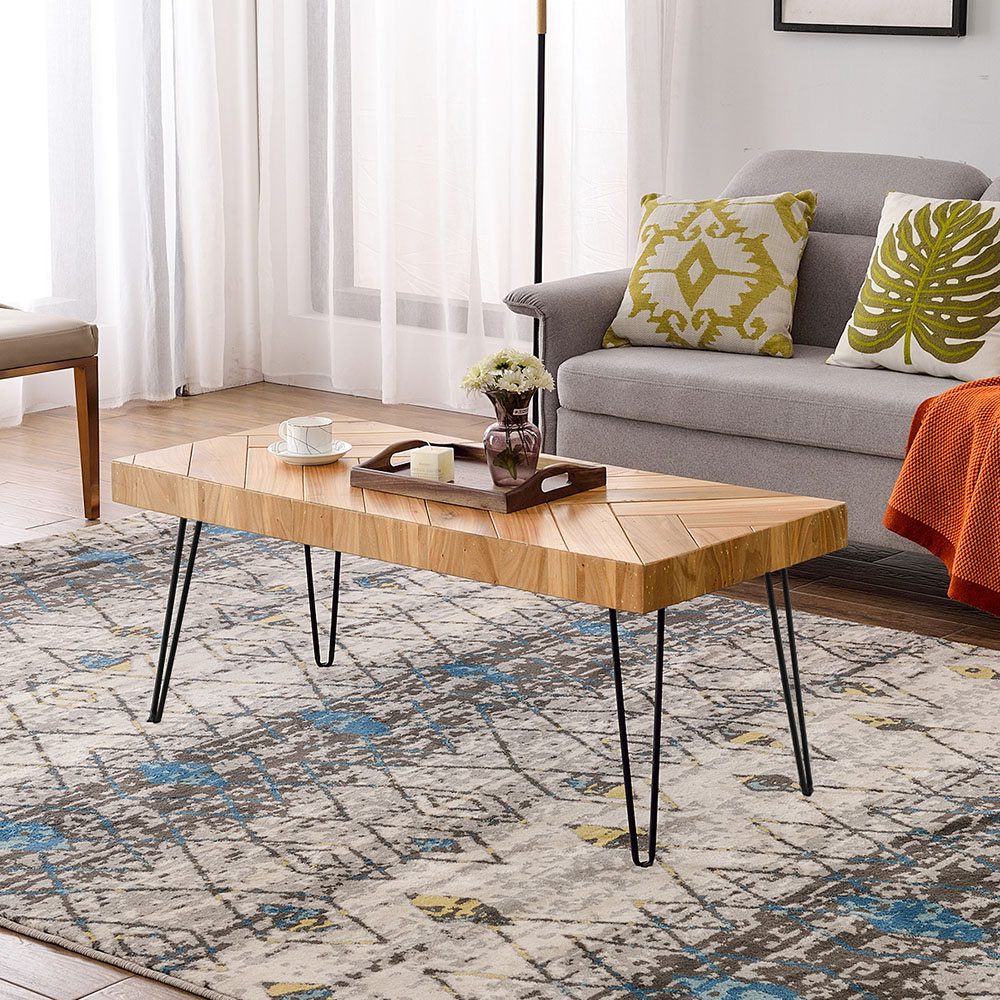 TREXM Rectangular Glossy Finished Wood Coffee Table with Chevron Pattern and Metal Hairpin Legs, for Kitchen, Restaurant, Office, Living Room, Cafe - Oak