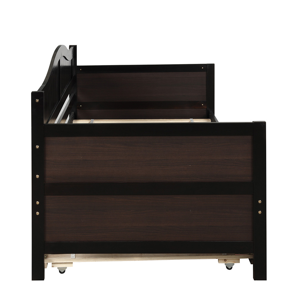 Twin-Size Wooden Platform Daybed Frame with Trundle Bed and Wooden Slats Support - Espresso