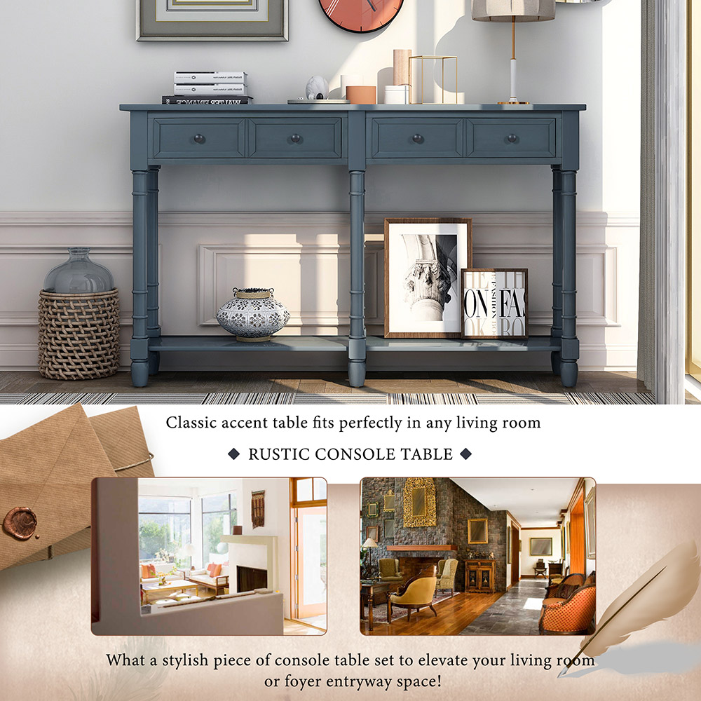 TREXM 58'' Console Table with 2 Storage Drawers, and Bottom Shelf, for Entrance, Hallway, Dining Room, Kitchen - Navy
