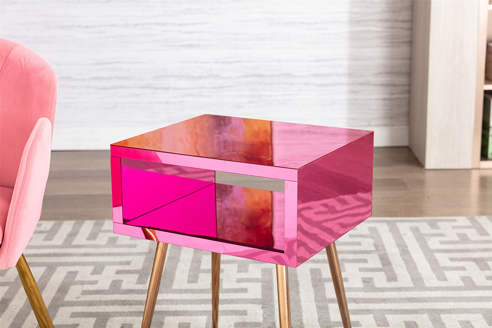 COOLMORE Mirror Bedside Table End Table with Metal High Legs for Living Room, Bedroom, Office, Dressing Room - Peach