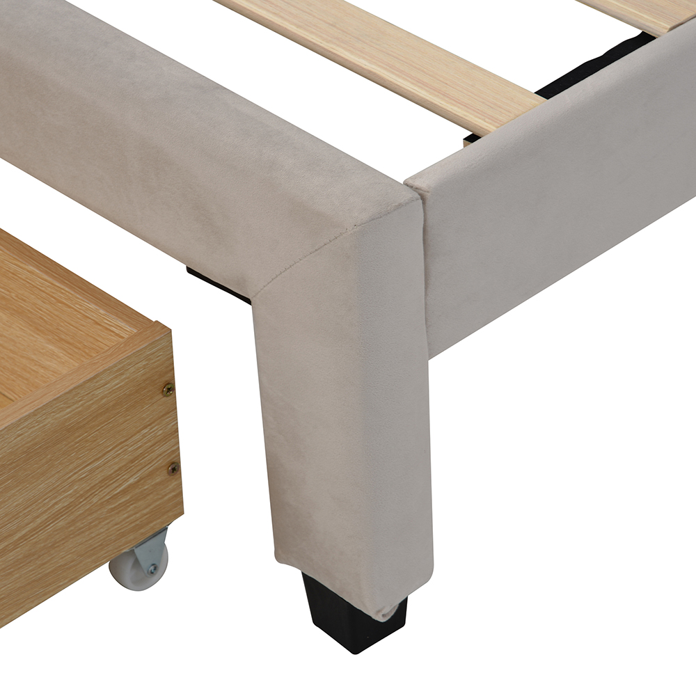 Queen-Size Velvet Upholstered Platform Bed Frame with Storage Drawer and Wooden Slat Support - Beige