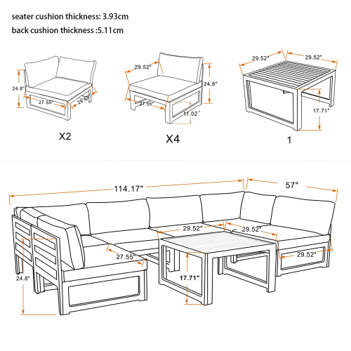 Outdoor 6-Seat Aluminum Frame Modular Sofa with Coffee Table and Removable Seat Cushion, for Courtyard, Balcony, Living Room - Gray