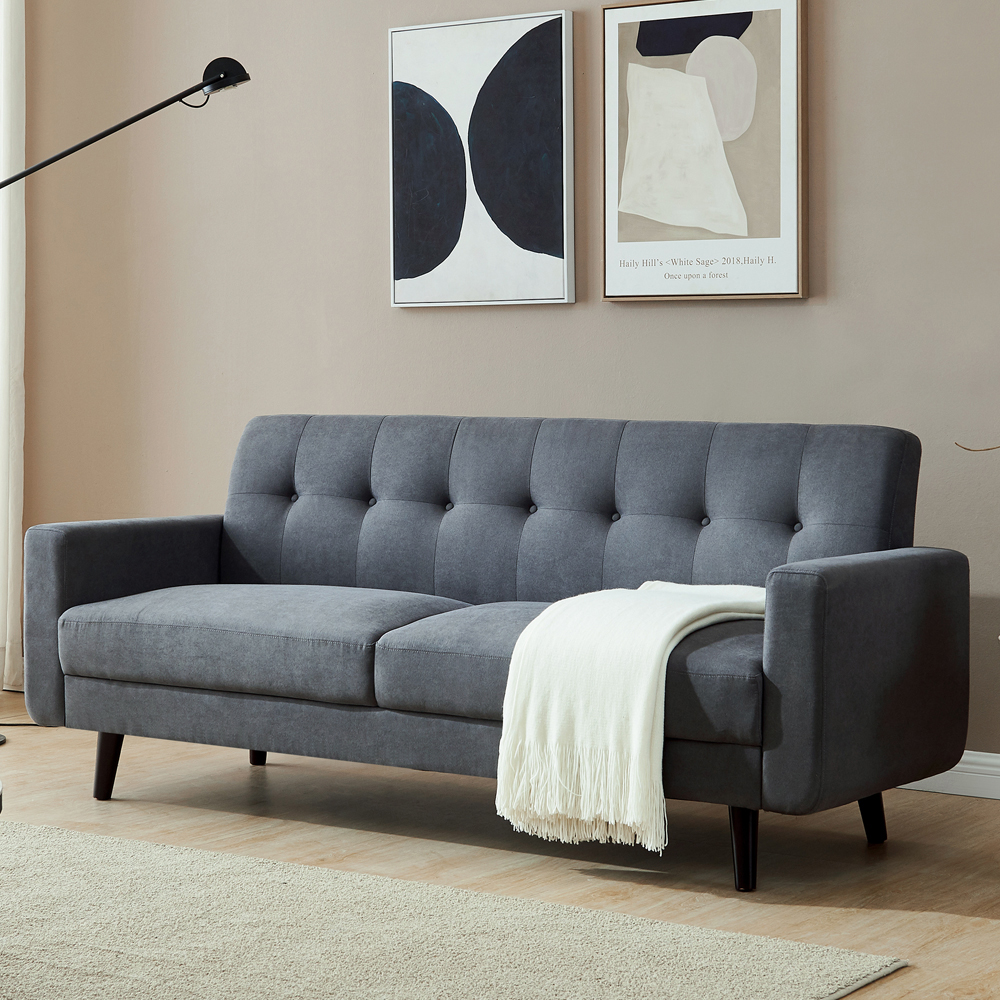 3-Seat Polyester Fabric Upholstered Sofa with Solid Wood Legs and Ergonomic Backrest for Living Room, Bedroom, Office, Apartment - Gray
