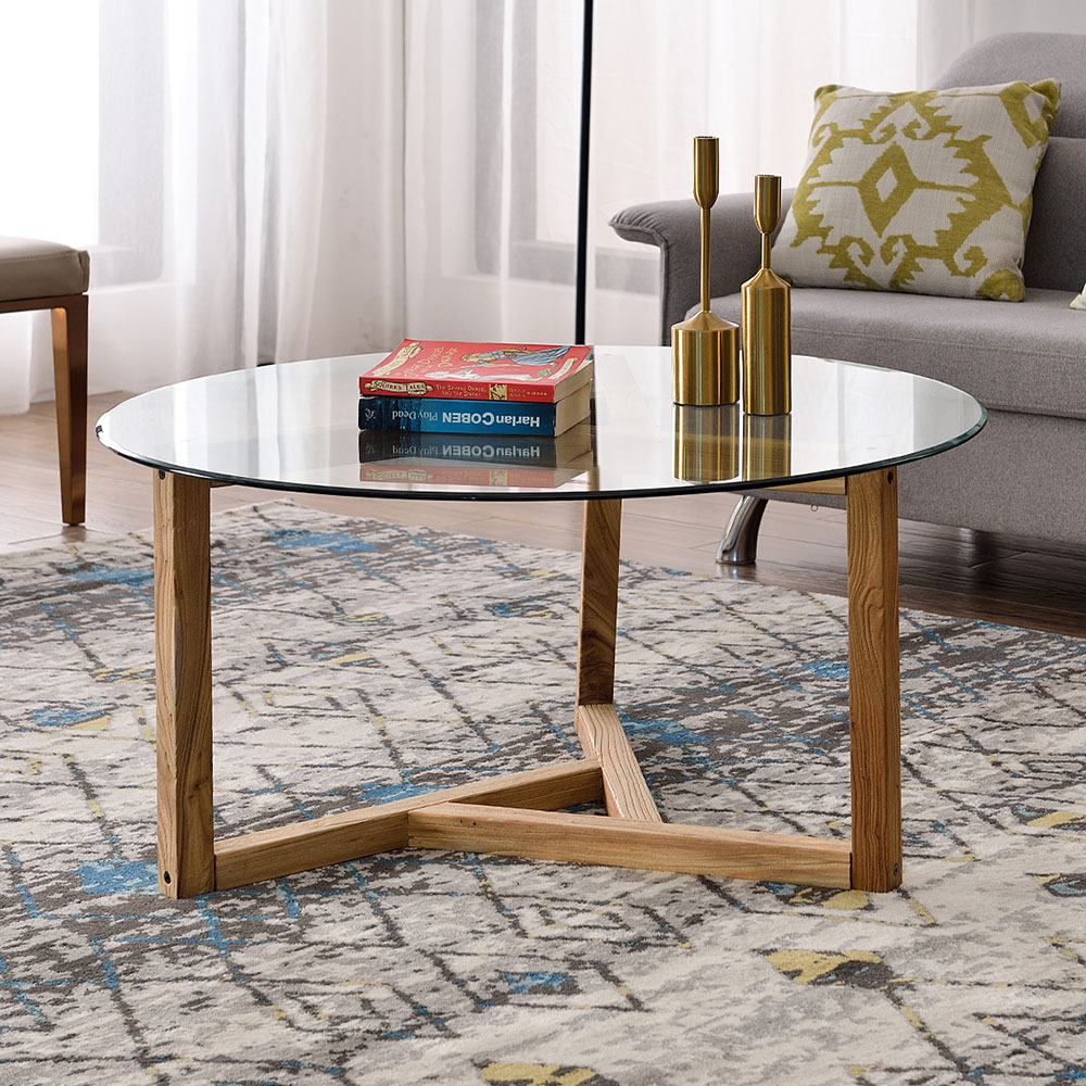 TREXM 35" Round Tempered Glass Coffee Table with Wood Base, for Kitchen, Restaurant, Office, Living Room, Cafe - Oak