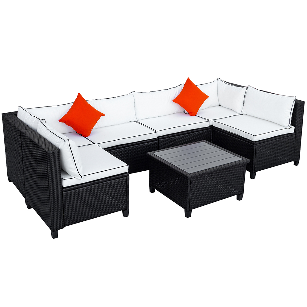 U-STYLE 6-Seat Rattan Wicker Sofa Set, with Coffee Table, Cushions and 2 Accent Pillows, for Outdoor, Courtyard, Terrace, Poolside - Beige