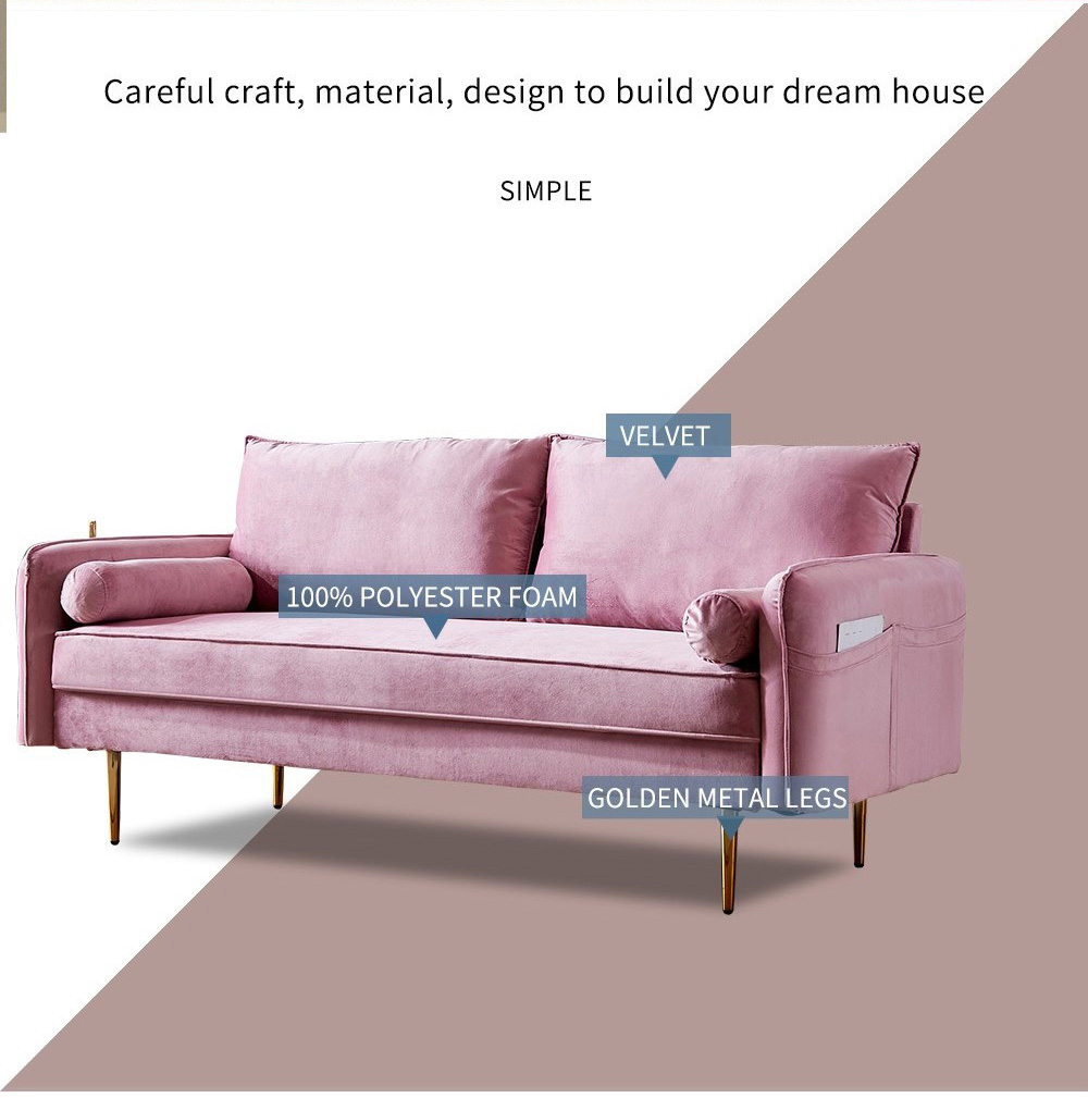 71" Velvet Fabric Upholstered Sofa with Armrest Pocket for Living Room, Bedroom, Office, Apartment - Pink