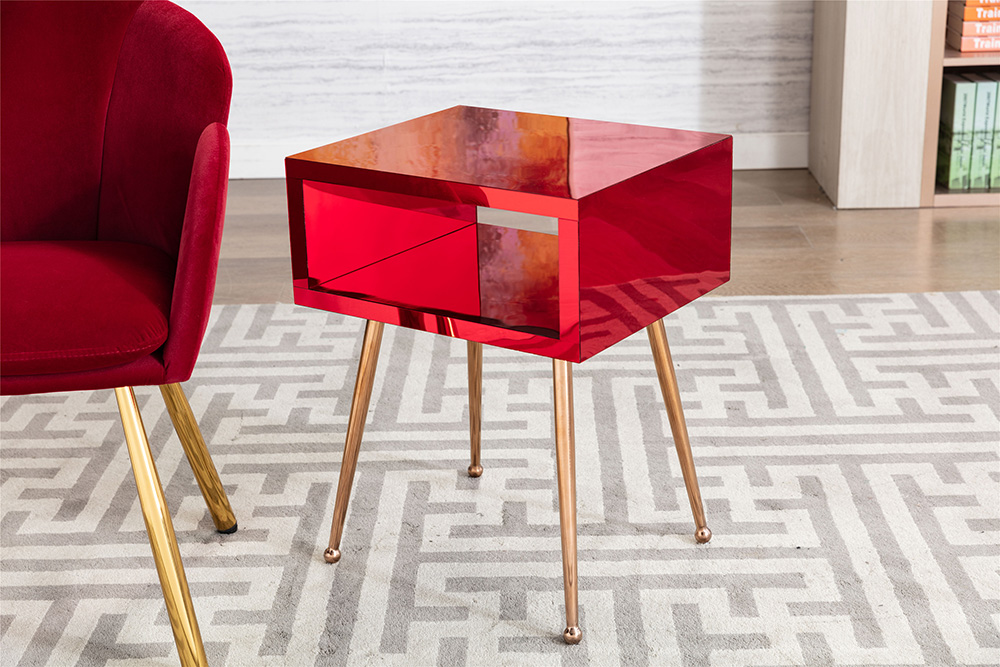 COOLMORE Mirror Bedside Table End Table with Metal High Legs for Living Room, Bedroom, Office, Dressing Room - Red