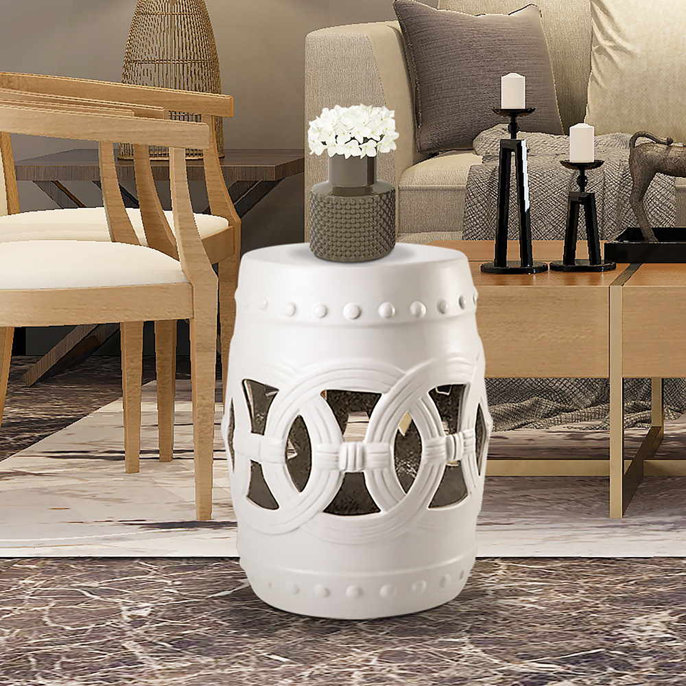 Outdoor Multifunctional Ceramic Stool for Garden, Terrace, Deck, Backyard - White
