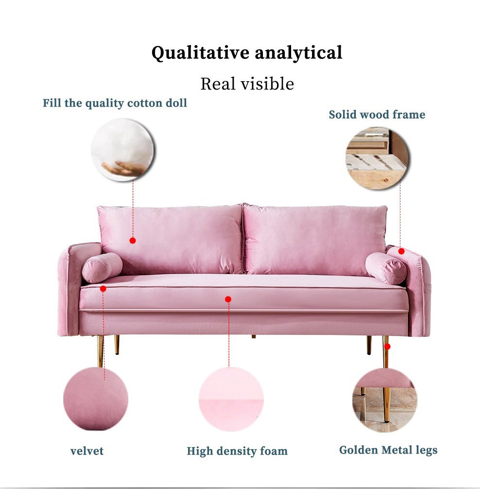 71" Velvet Fabric Upholstered Sofa with Armrest Pocket for Living Room, Bedroom, Office, Apartment - Pink