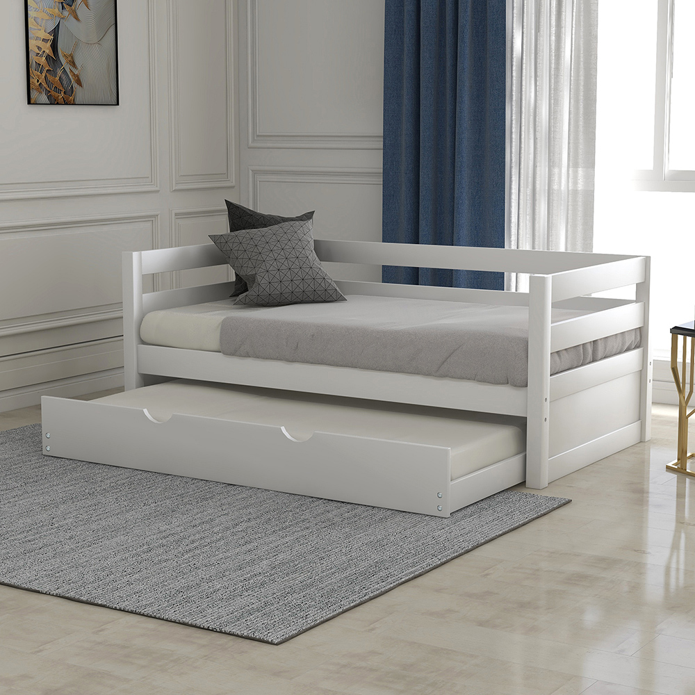 Twin Size Wooden Daybed with Trundle Bed and Wooden Slats Support, No Need for Spring Box, for Living Room, Bedroom, Office, Apartment - White