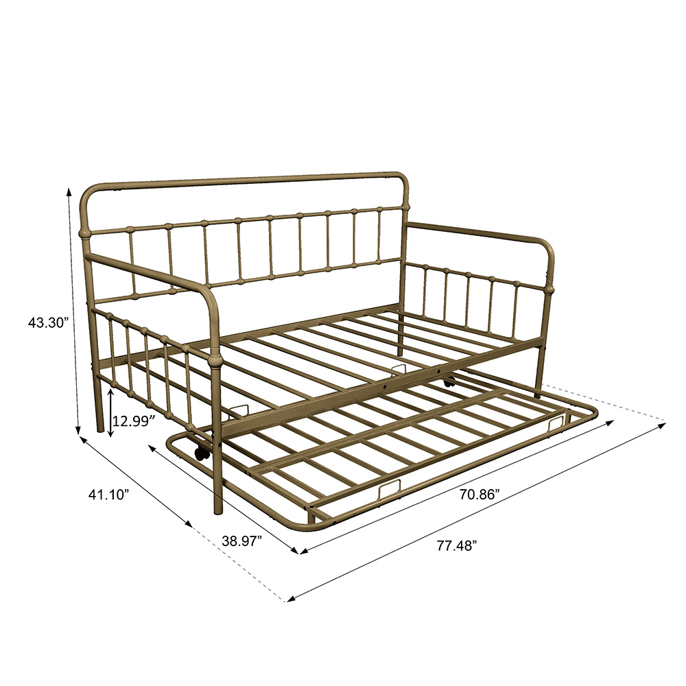 Twin Size Metal Daybed Frame with Trundle Bed and Metal Slats Support, No Need for Spring Box, for Living Room, Bedroom, Office, Apartment - Brass