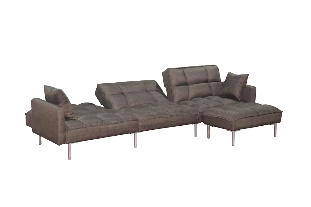 4-Seat Polyester Fabric Combination Sofa Bed with 2 Pillows and Reversible Ottoman for Living Room, Bedroom, Office, Apartment - Brown