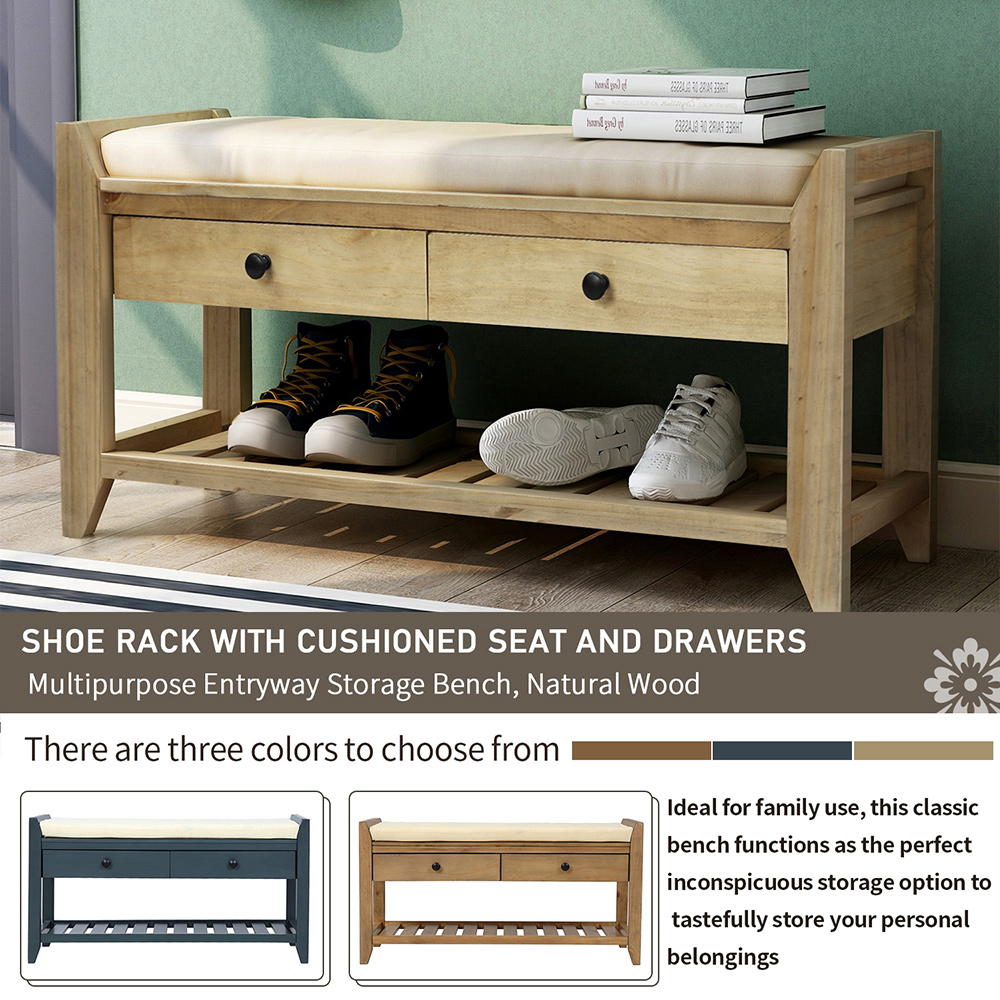 TREXM 39'' Console Bench with 2 Storage Drawers and Mesh Shoe Shelf, for Entrance Hallway, Dining Room, Bedroom - Gray Washed