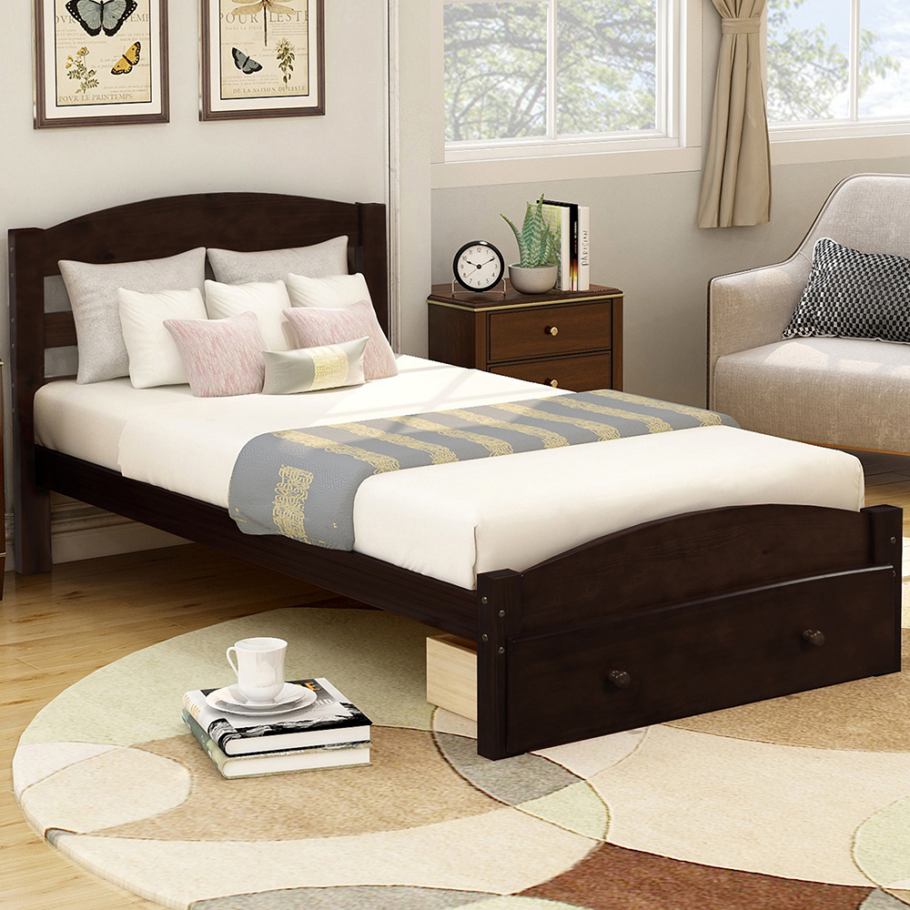Twin Size Wooden Platform Bed Frame with Storage Drawer, and Wooden Slats Support, No Spring Box Required (Frame Only) - Espresso
