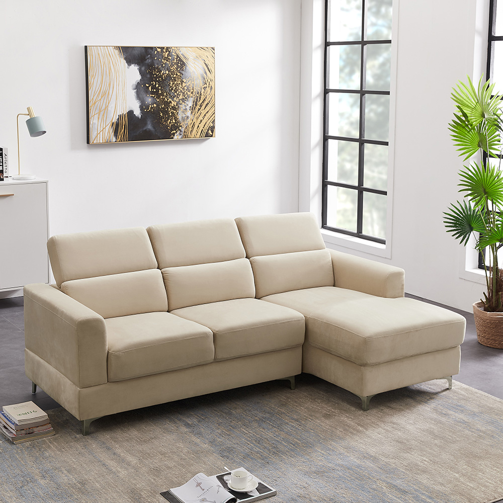 3-Seat L-shaped Corner Velvet Upholstered Sofa, with Adjustable Headrest and Metal Legs, for Living Room, Bedroom, Office, Apartment - Beige