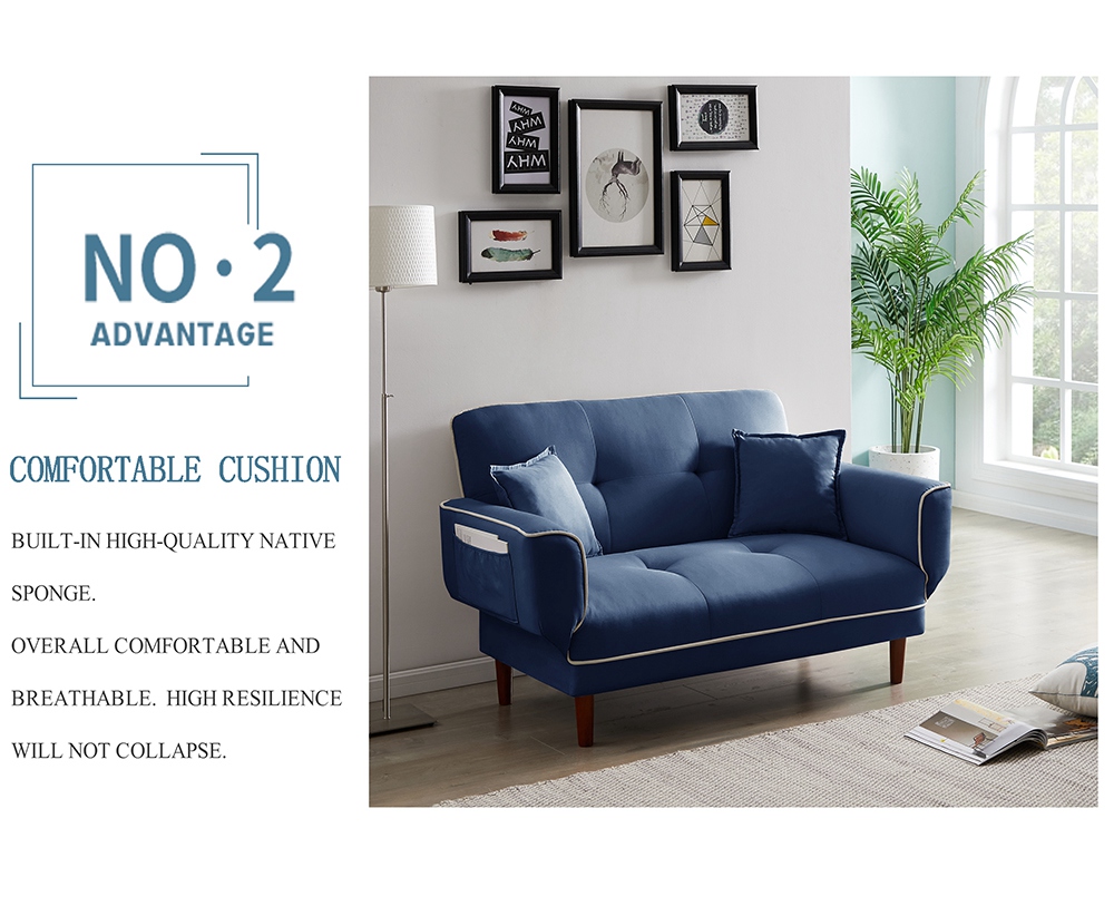 Twin Size Linen Upholstered Sofa Bed with 2 Pillows and Adjustable Armrests for Living Room, Bedroom, Office, Apartment - Navy Blue